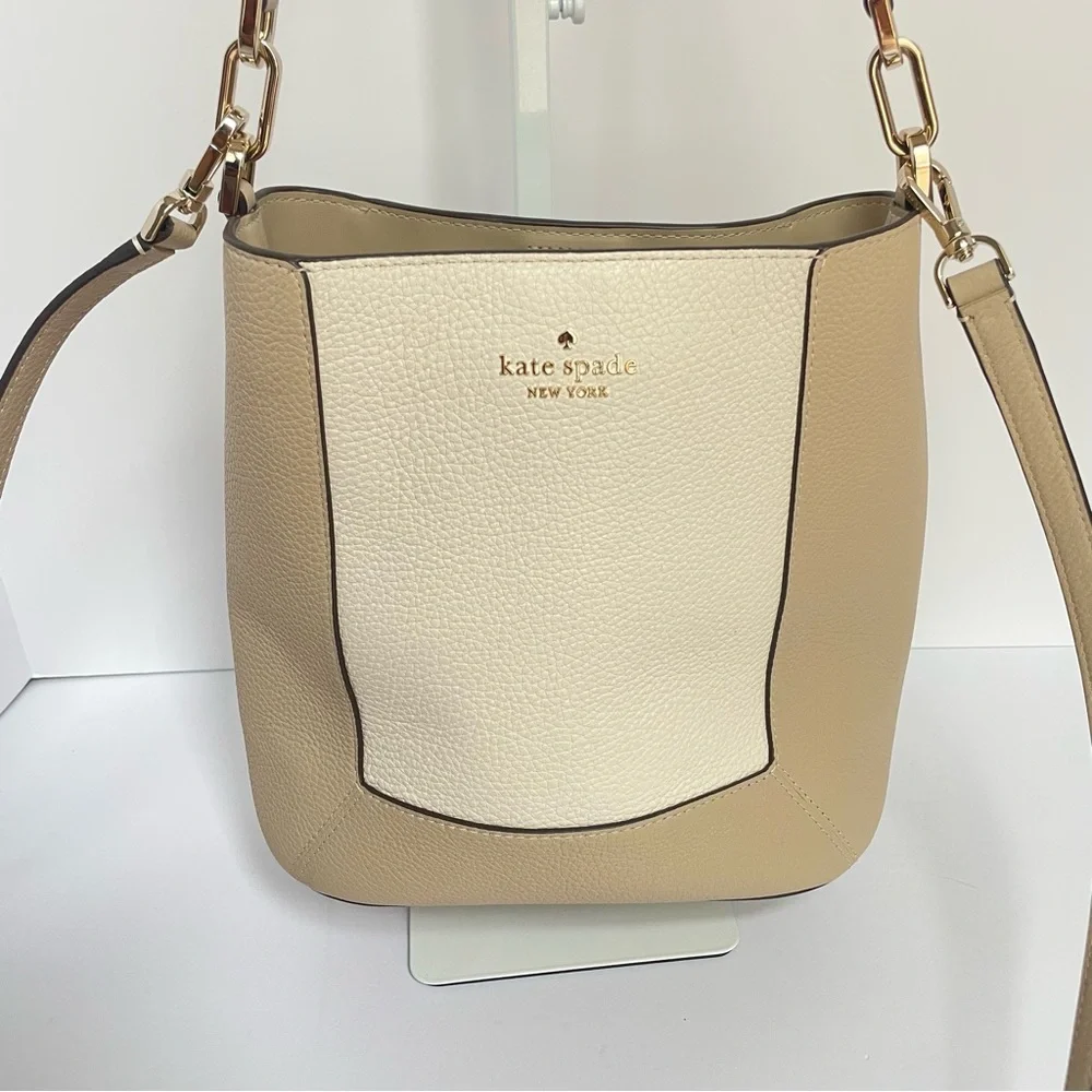 Kate Spade New York Lena Tan White Leather Colorblock Bucket Bag - Picture 4 of 13